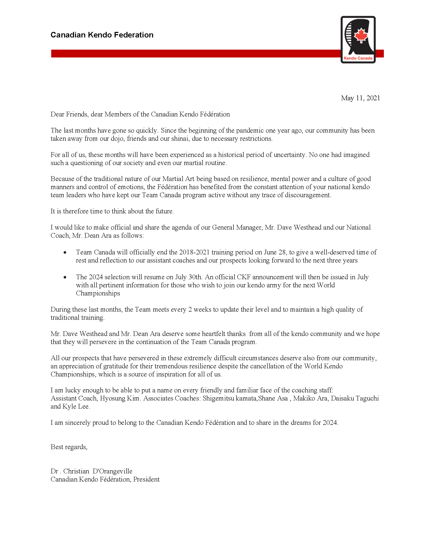 2021 Kendo Team Canada Official Notification of Completion [English]